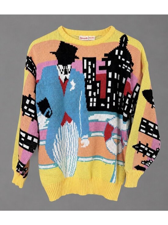 Vintage Sweaters - Vintage 80s Womens L City Scape Acrylic Novelty Knit Sweater by Fetagetti 1980s
